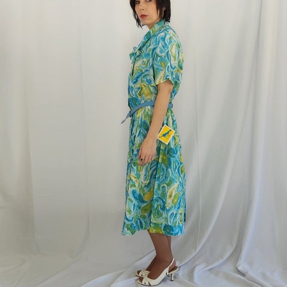 70s Deadstock Carol Brent‎ Blue, Green, and Yellow Day Dress - Picture 3 of 7